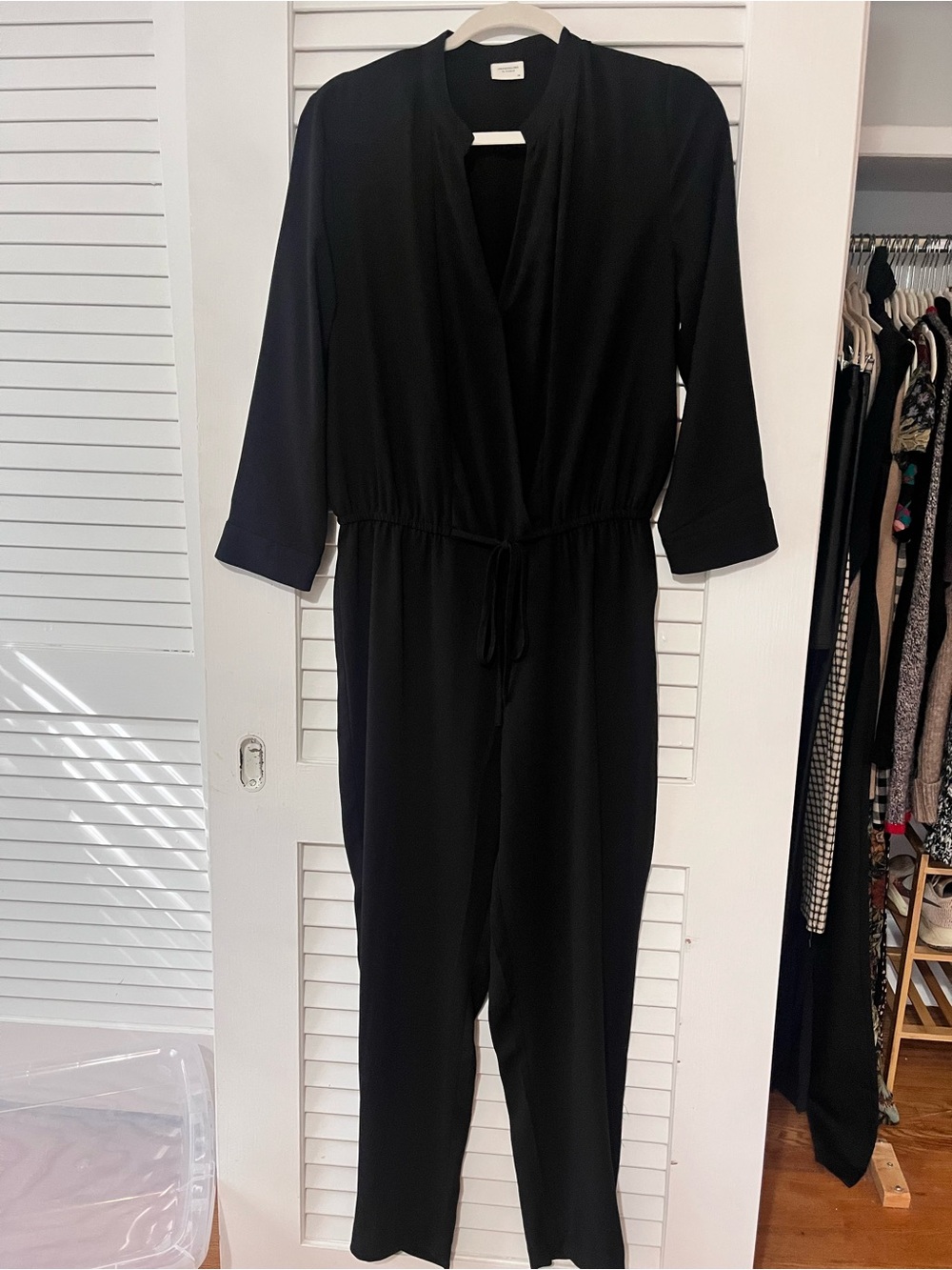 Black V-Neck Long Sleeve Jumpsuit with Drawstring Waist